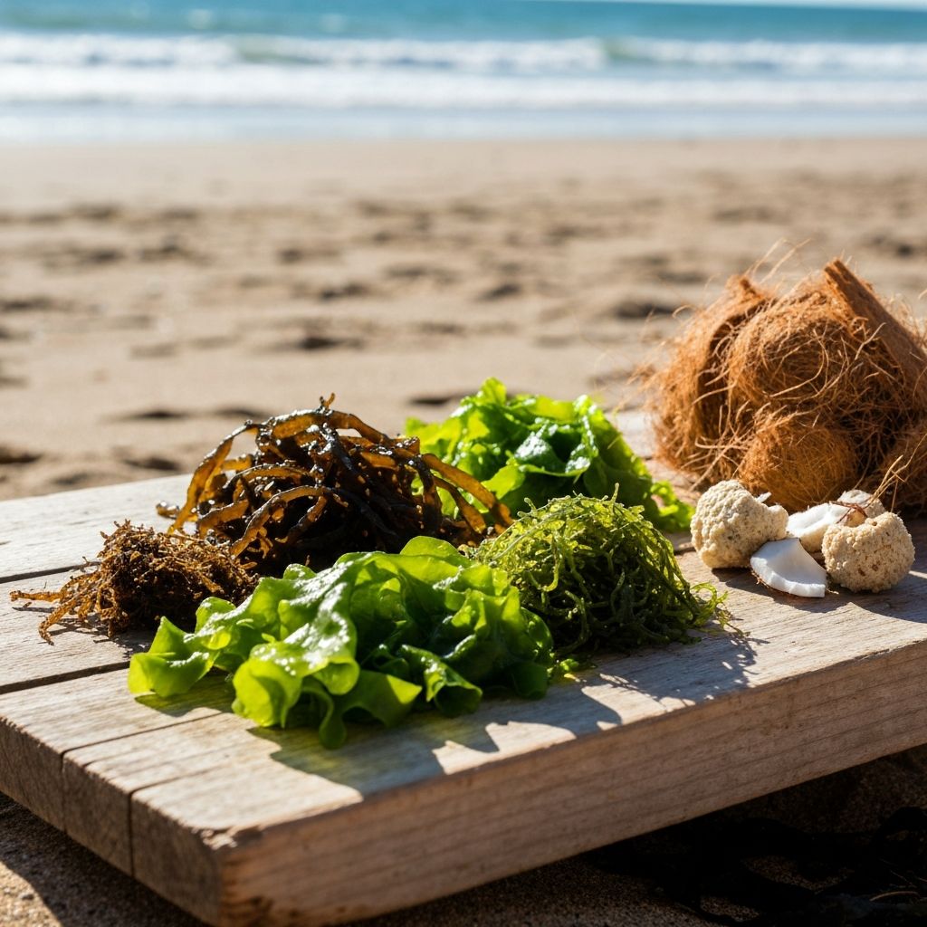 Ocean wood with seaweed and marine plants